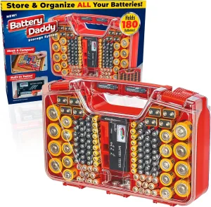 Ontel Battery Daddy Storage & Organizer Case with Tester, Stores & Protects Up to 180 Batteries, Double-Sided, Durable Design with Clear Locking Lid, Secure Latches & Portable Carrying Handle - Red