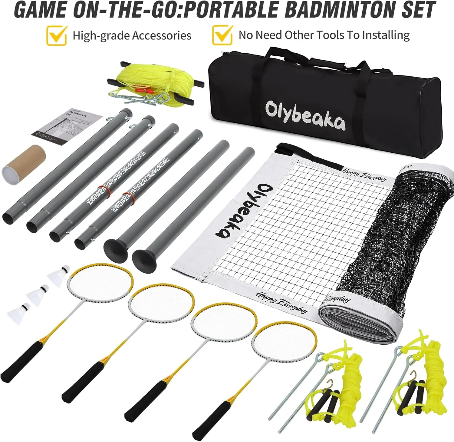 Outdoor Badminton Set for Backyard Lawn Beach Portable Badminton Net Set System with Anti Sagging Design 4 Carbon Aluminum Rackets 3 Birdies and Carrying Bag