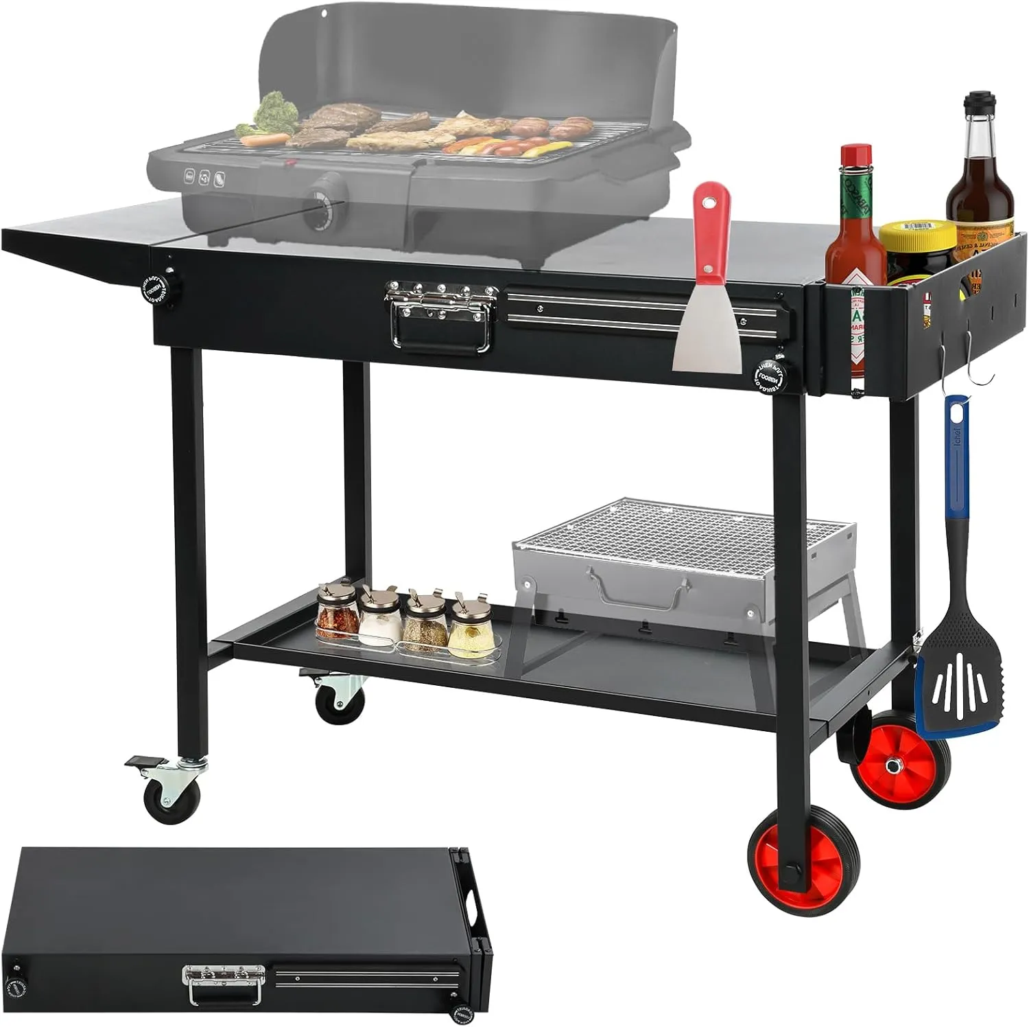 Outdoor Portable Grill Table, 39" W x 17" D Countertop Grill Stand, Movable Cooking BBQ Prep Cart, Foldable Grill Cart w/Paper Holder & Condiment Rack & Magnetic Tool Holder