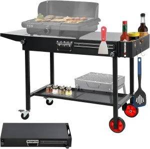 Outdoor Portable Grill Table, 39" W x 17" D Countertop Grill Stand, Movable Cooking BBQ Prep Cart, Foldable Grill Cart w/Paper Holder & Condiment Rack & Magnetic Tool Holder
