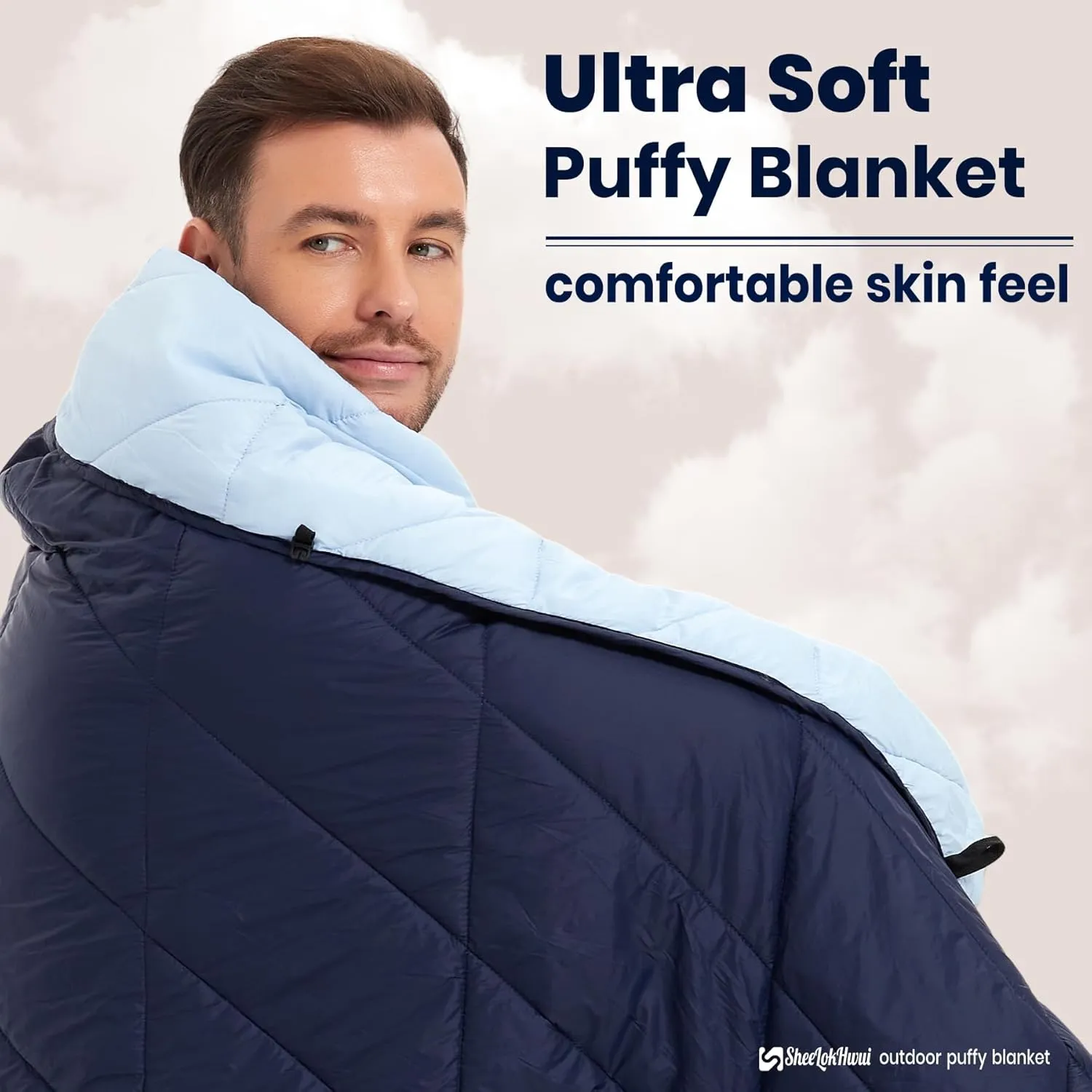 Outdoor Puffy Blanket, Reversible Warm Camping Blanket, Water-Resistant, Packable, Lightweight, Camping Quilt, for Stadium, Backpacking, Hammock, Picnic. 79"x55". Royal Blue