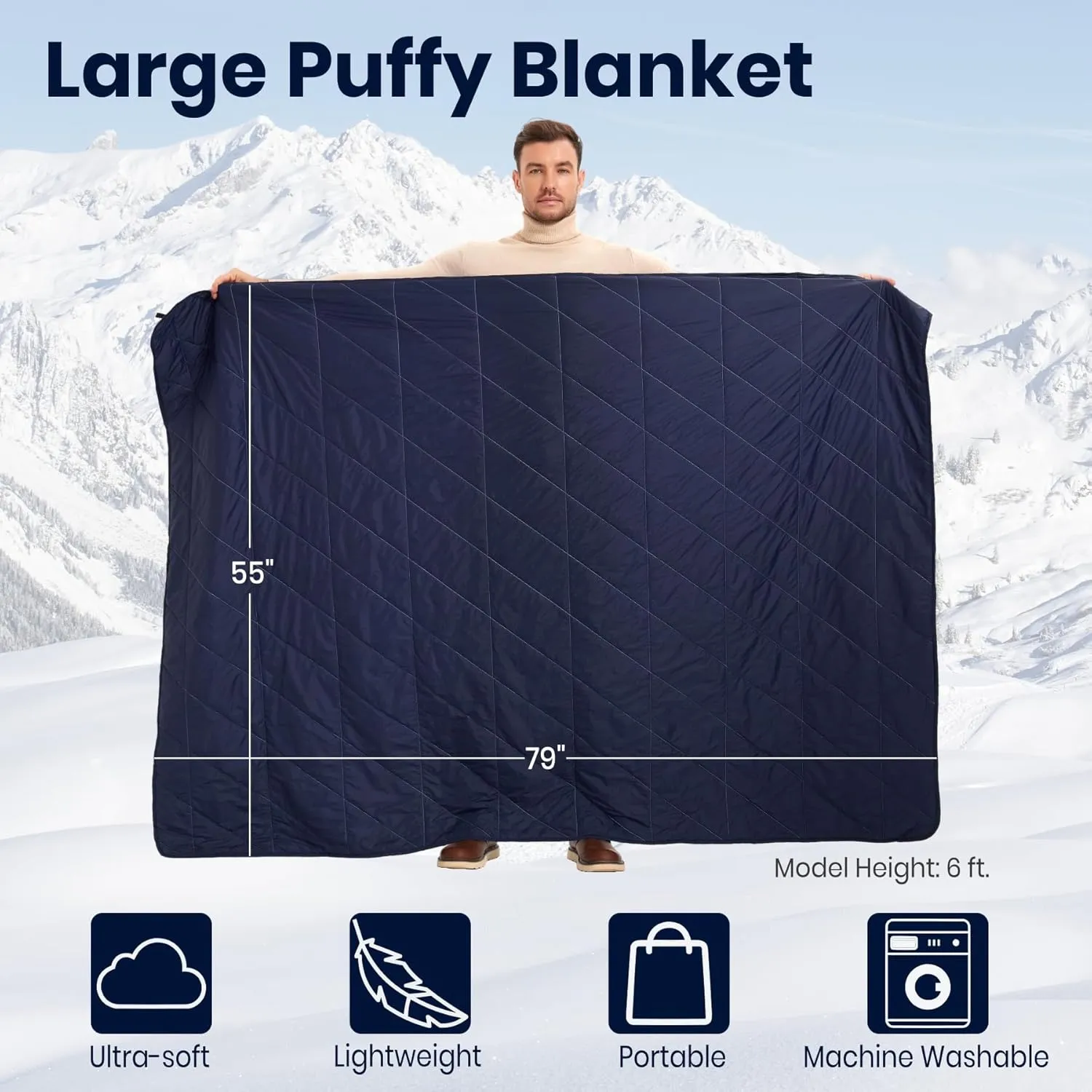 Outdoor Puffy Blanket, Reversible Warm Camping Blanket, Water-Resistant, Packable, Lightweight, Camping Quilt, for Stadium, Backpacking, Hammock, Picnic. 79"x55". Royal Blue