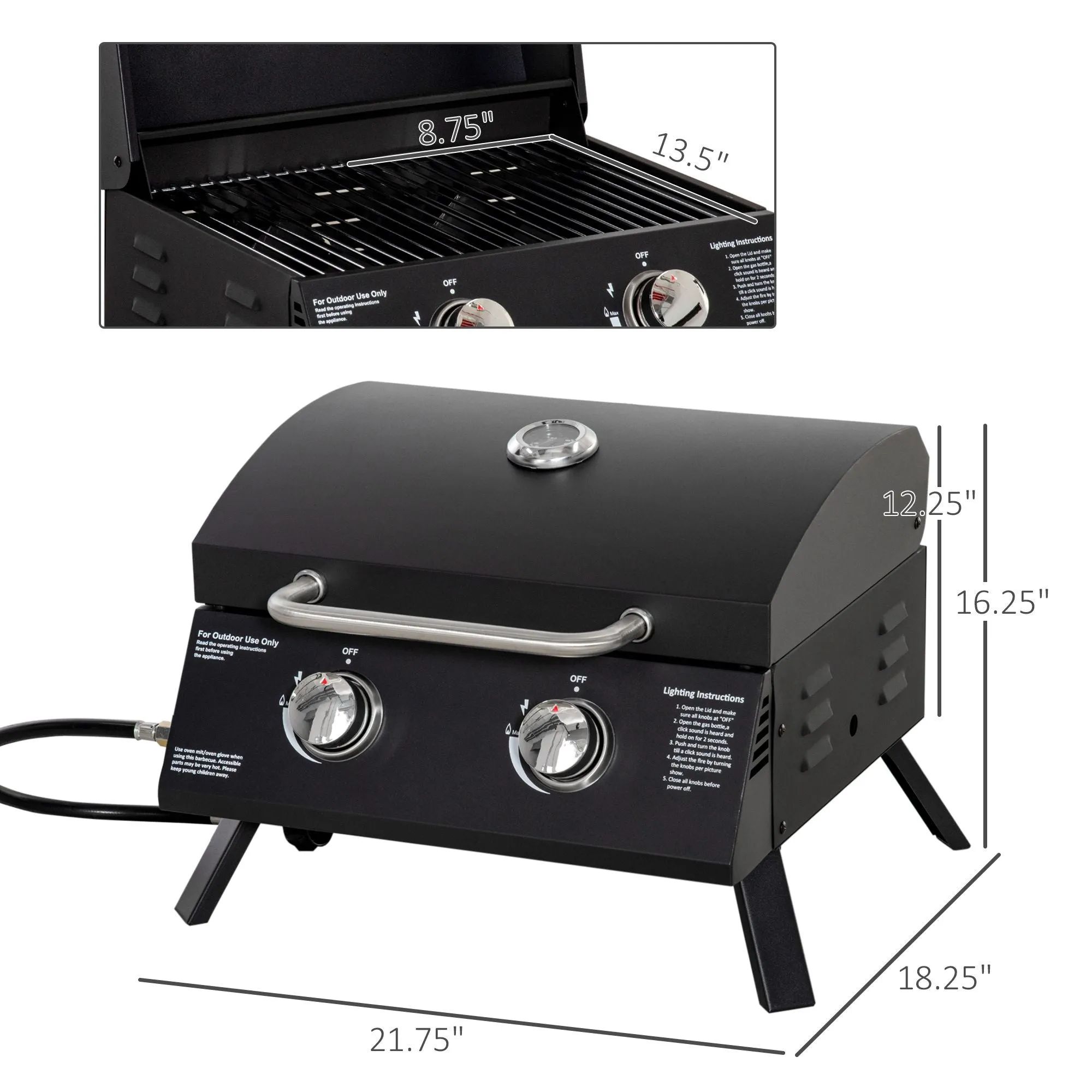 Outdoor Tabletop Highly intuitive Thermometer Gas Backyard, Outsunny Foldable Propane with Lid, Camping, 5-star rated Grill for Portable Burner Black Picnic, BBQ Legs, 2