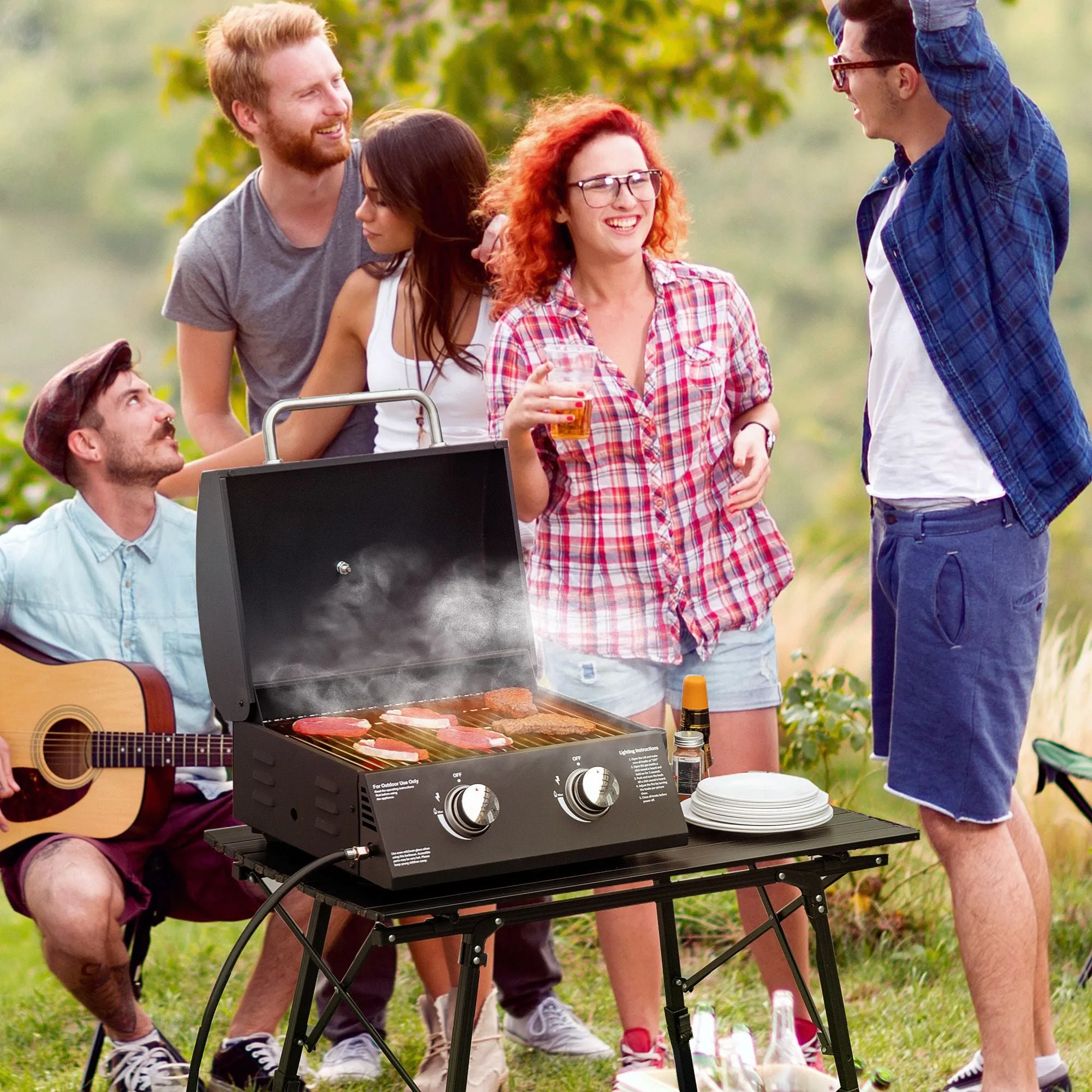 Outdoor Tabletop Highly intuitive Thermometer Gas Backyard, Outsunny Foldable Propane with Lid, Camping, 5-star rated Grill for Portable Burner Black Picnic, BBQ Legs, 2