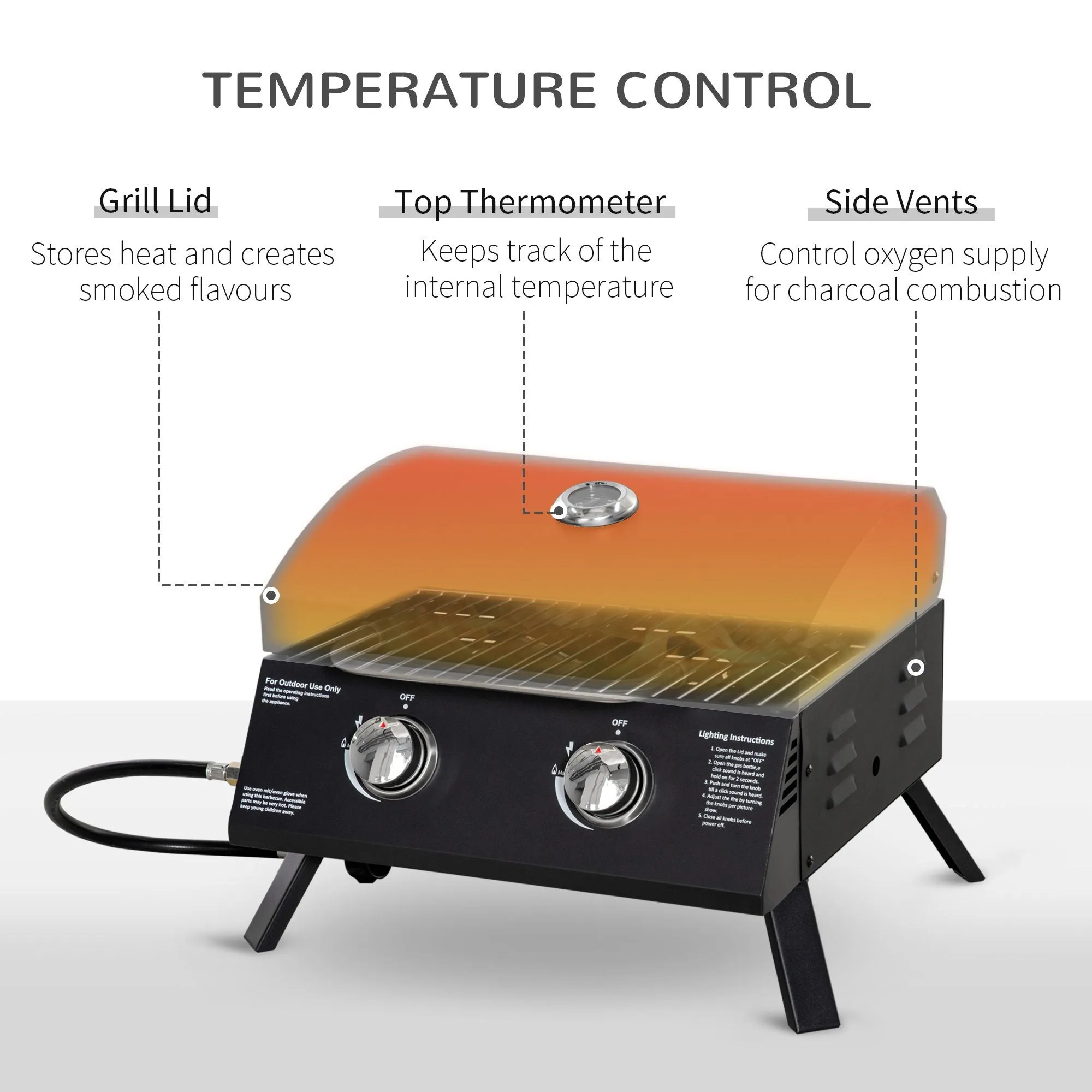 Outdoor Tabletop Highly intuitive Thermometer Gas Backyard, Outsunny Foldable Propane with Lid, Camping, 5-star rated Grill for Portable Burner Black Picnic, BBQ Legs, 2