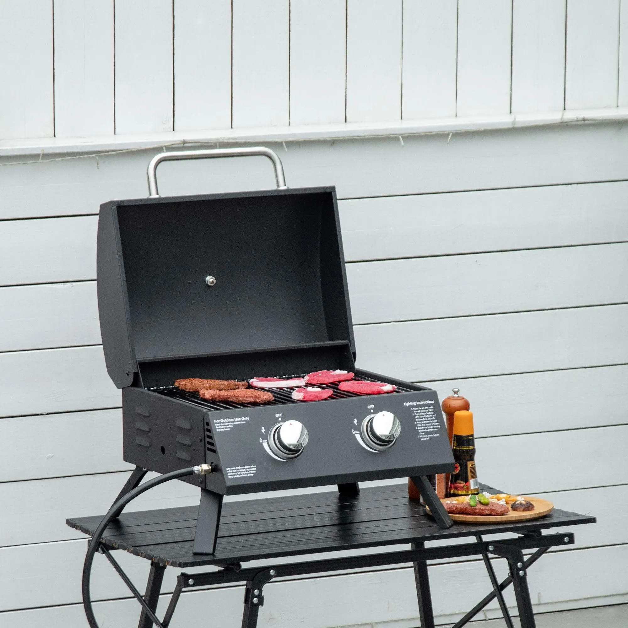 Outdoor Tabletop Highly intuitive Thermometer Gas Backyard, Outsunny Foldable Propane with Lid, Camping, 5-star rated Grill for Portable Burner Black Picnic, BBQ Legs, 2