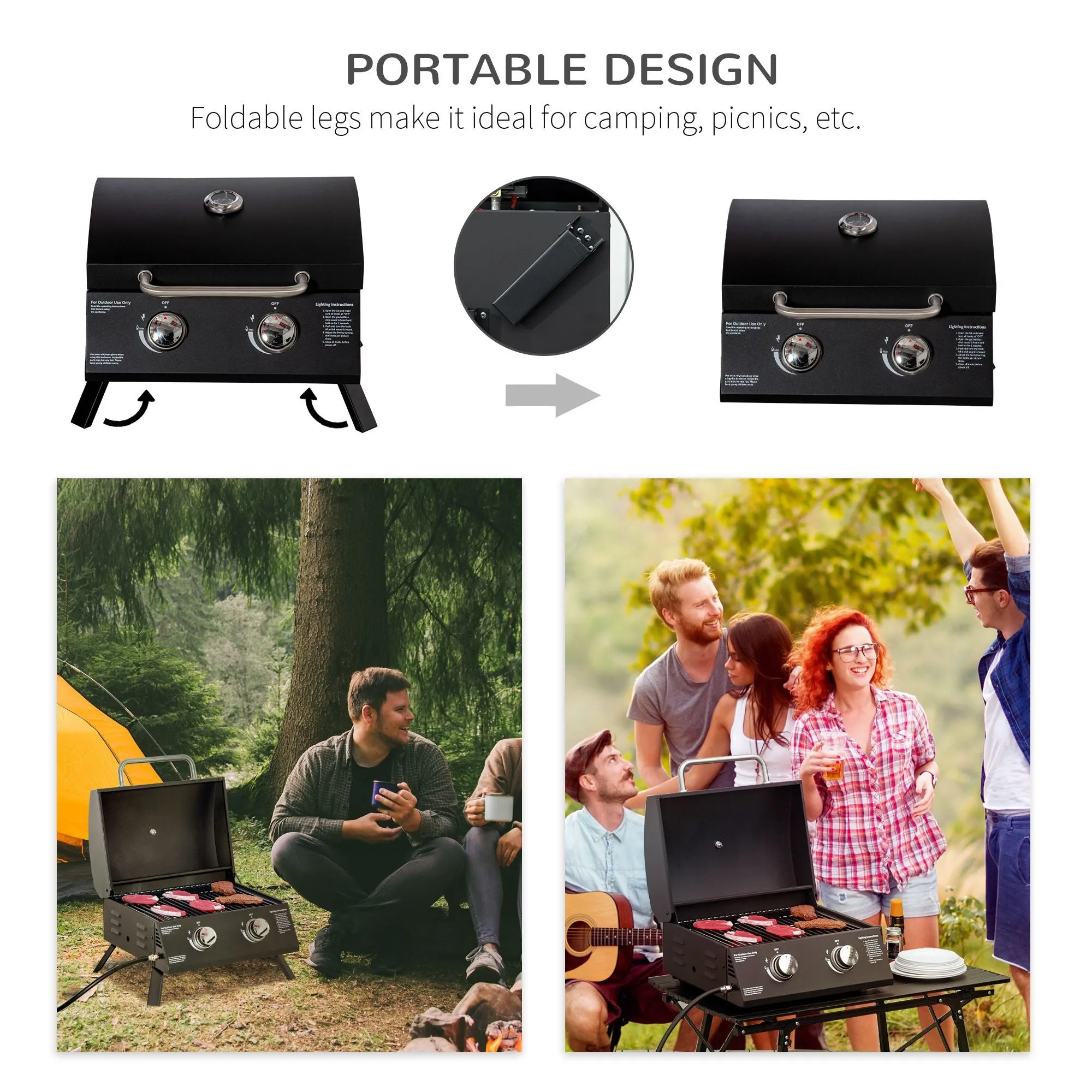 Outdoor Tabletop Highly intuitive Thermometer Gas Backyard, Outsunny Foldable Propane with Lid, Camping, 5-star rated Grill for Portable Burner Black Picnic, BBQ Legs, 2