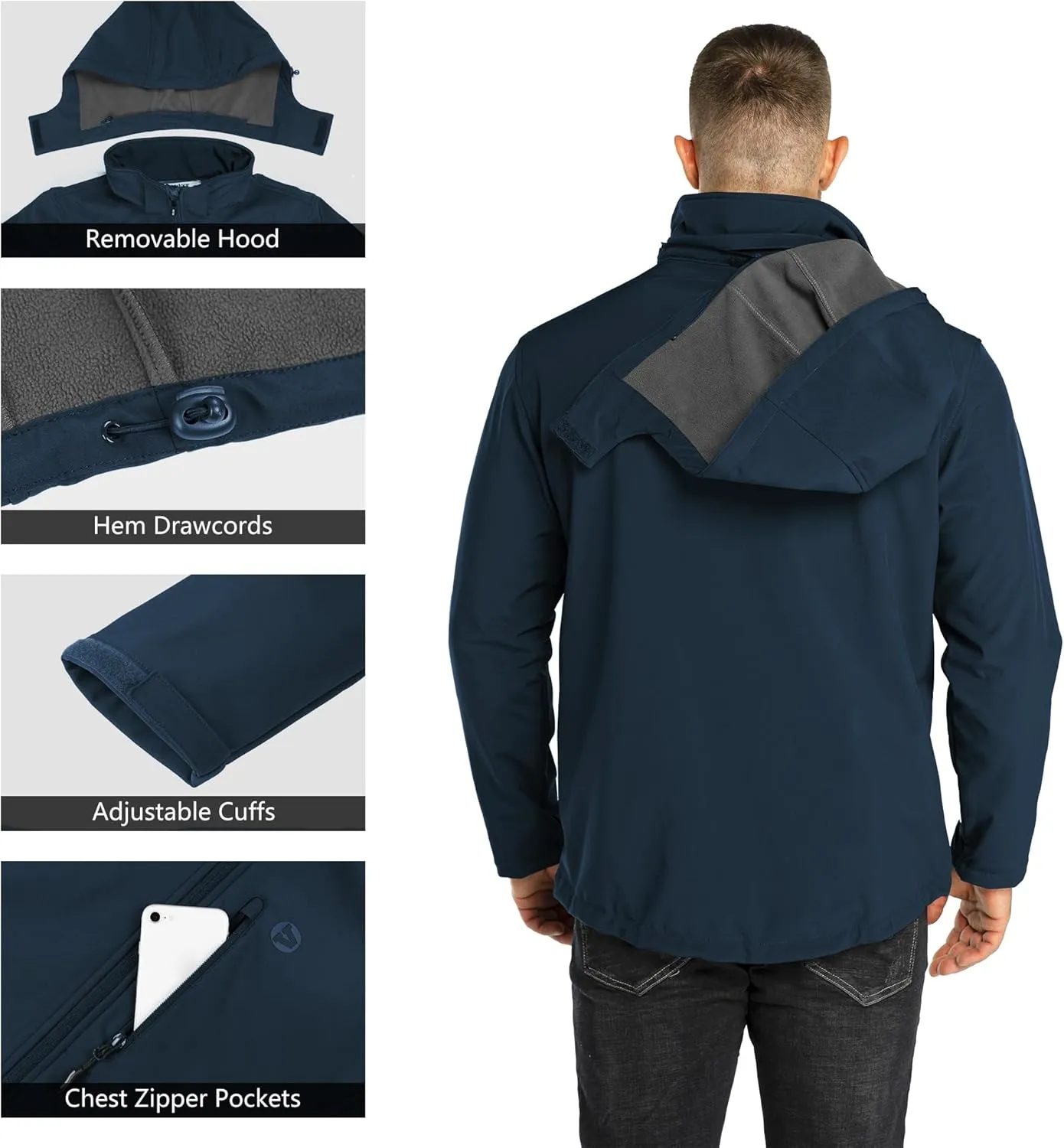Outdoor Ventures Men's Lightweight Softshell Jacket Fleece Lined Hooded Water Resistant Winter Hiking Windbreaker Jackets
