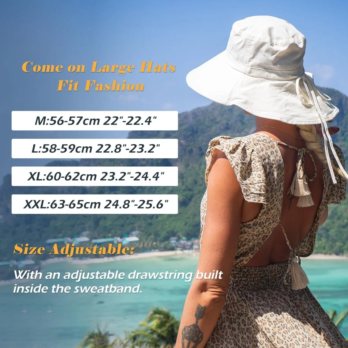 Oversize XL/XXL Women Cotton Sun Hat UPF 50  Sunhat with Neck Flap Gardening Sun Protection Outdoor Hiking Fishing