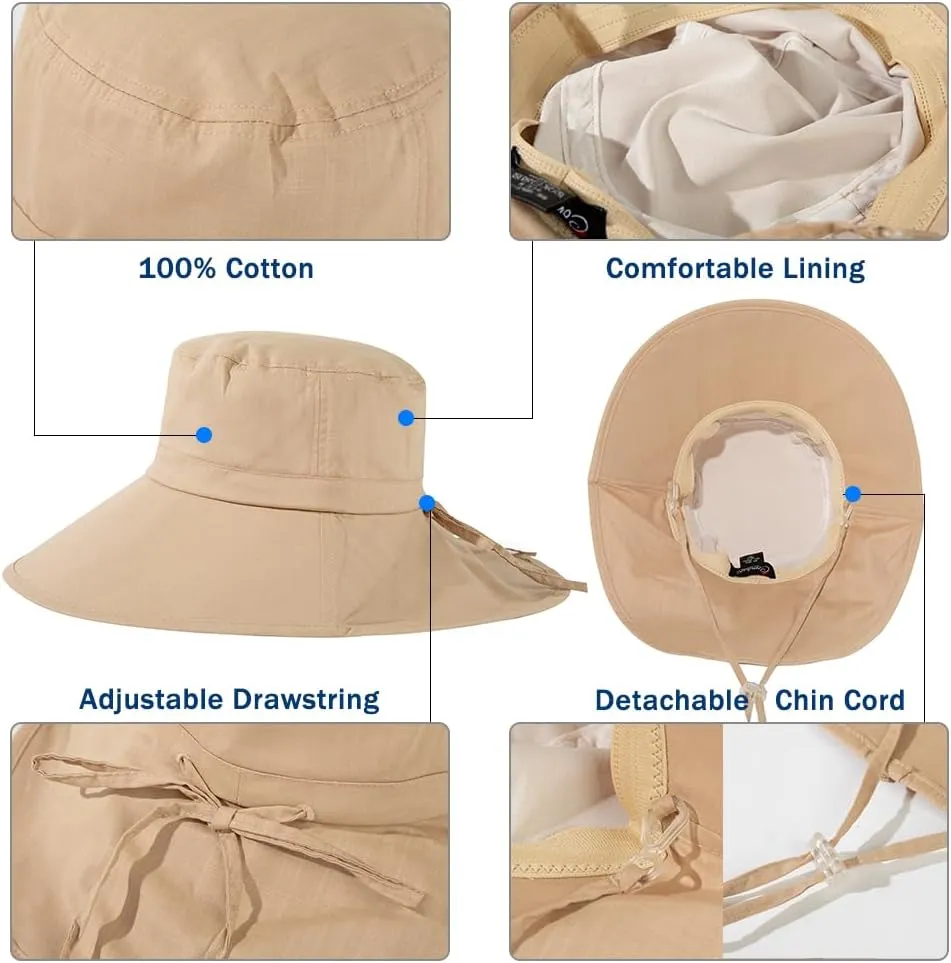 Oversize XL/XXL Women Cotton Sun Hat UPF 50  Sunhat with Neck Flap Gardening Sun Protection Outdoor Hiking Fishing