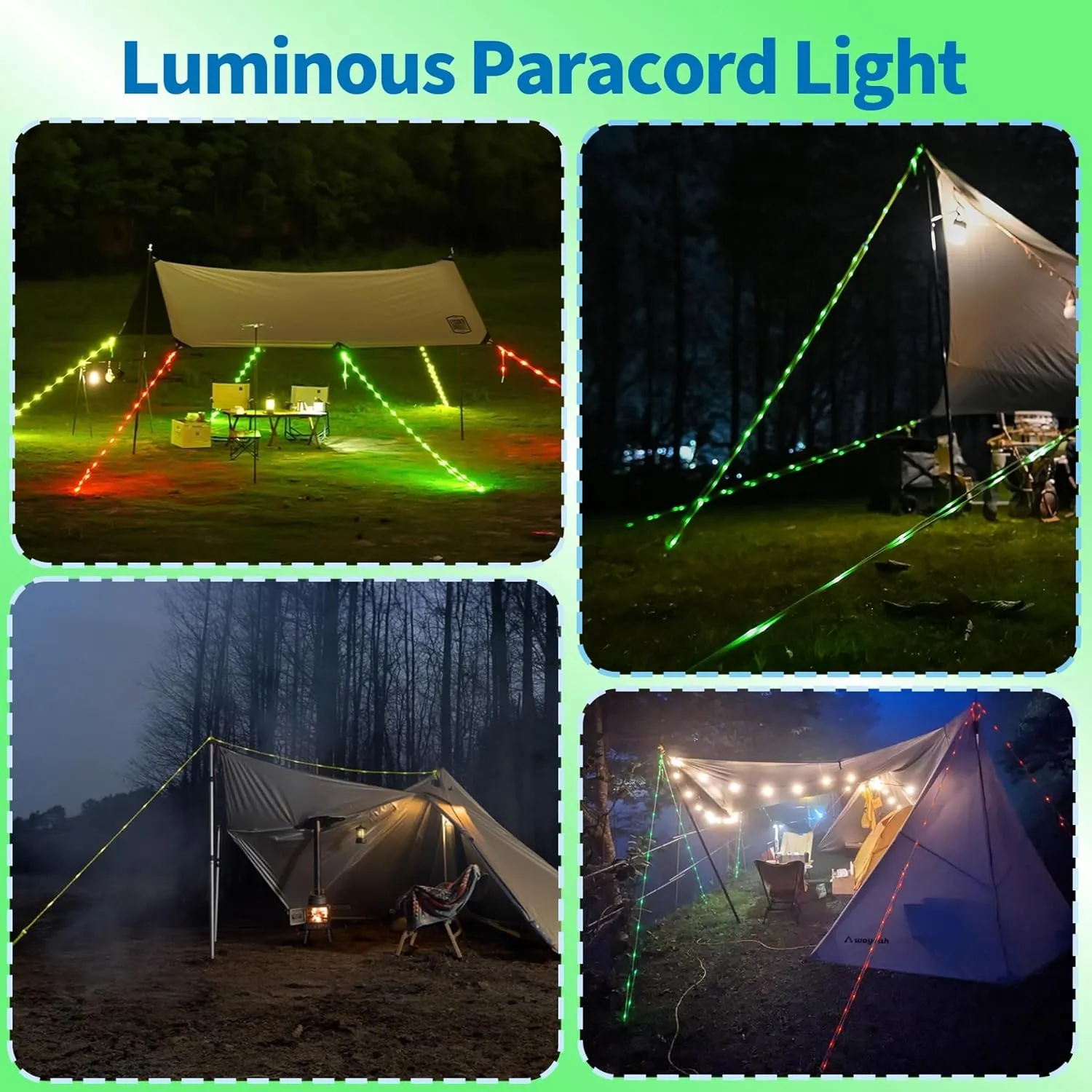 P auke'rei Luminous Paracord, Camping Rope Light, Tent Wind Warning Light, Waterproof Marine Nylon LED Rope, 6mm, L16.4ft / 5m (Neon Green, 2 pcs)