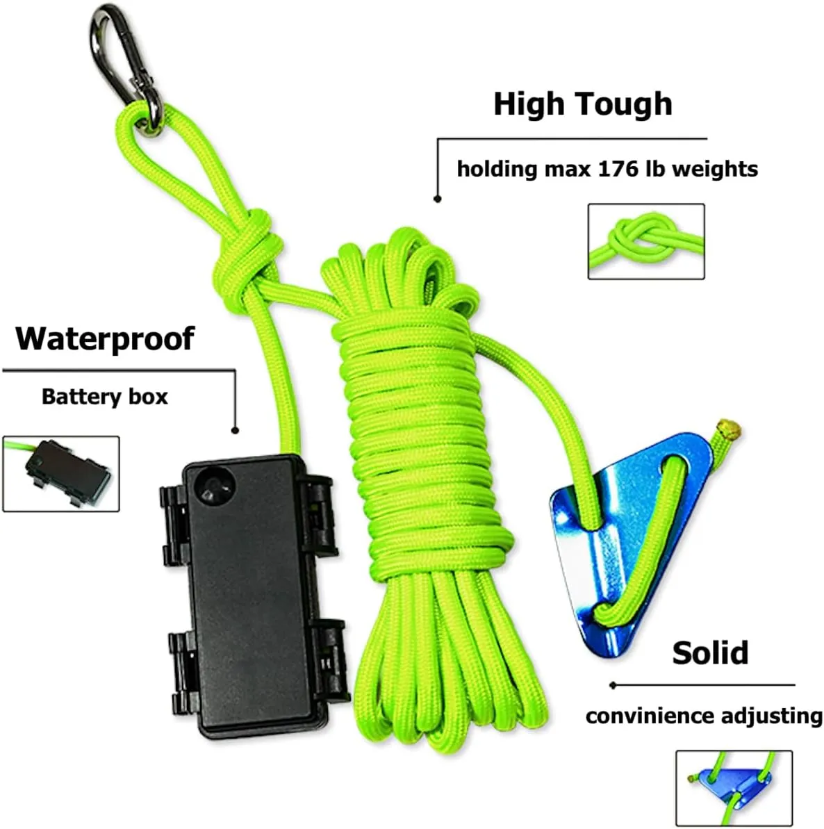P auke'rei Luminous Paracord, Camping Rope Light, Tent Wind Warning Light, Waterproof Marine Nylon LED Rope, 6mm, L16.4ft / 5m (Neon Green, 2 pcs)