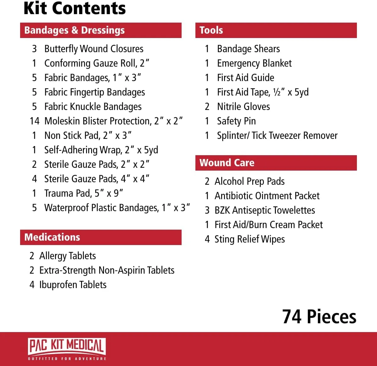 Pac-Kit Trailblazer 2 Outdoor First Aid Kit for Hiking, Camping and Outdoor Travel, 74 Pieces