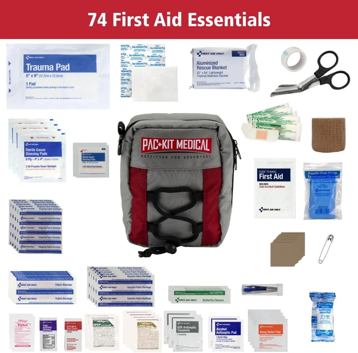 Pac-Kit Trailblazer 2 Outdoor First Aid Kit for Hiking, Camping and Outdoor Travel, 74 Pieces