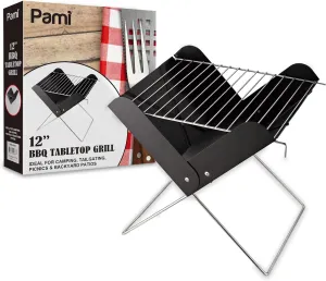 PAMI 12” Portable BBQ Tabletop Charcoal Grill - With Folding Legs For Backyard Patio, Camping, Tailgating & Picnics- Lightweight Metal Outdoor Cooking Grill For Steaks, Chicken, Veggies
