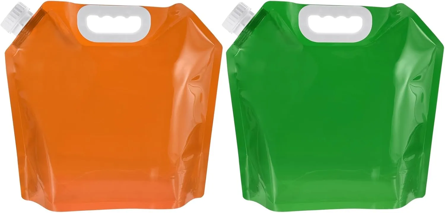 PATIKIL 1.3 Gallon 5L Collapsible Water Container Bag, 2 Pack Plastic Storage Jug Folding Water Bag for Camping, Hiking, Emergency Water Storage, Green & Orange