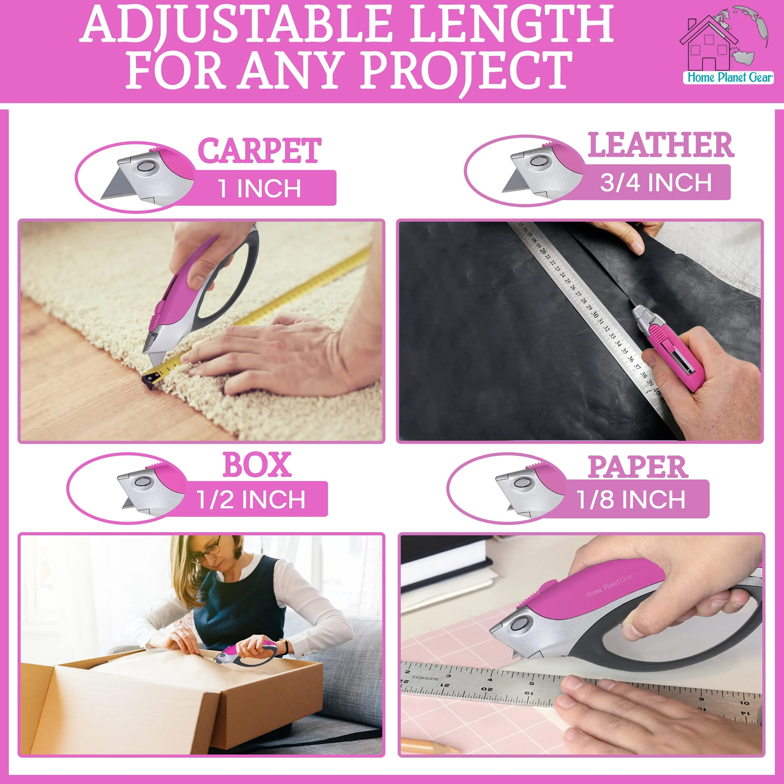 Pink Box Cutter Retractable Utility Knife - Heavy Duty Box Cutter Knife Cardboard Cutter - Box Opener Razor Blades Knife with 5 Sharp Utility Blades Pink