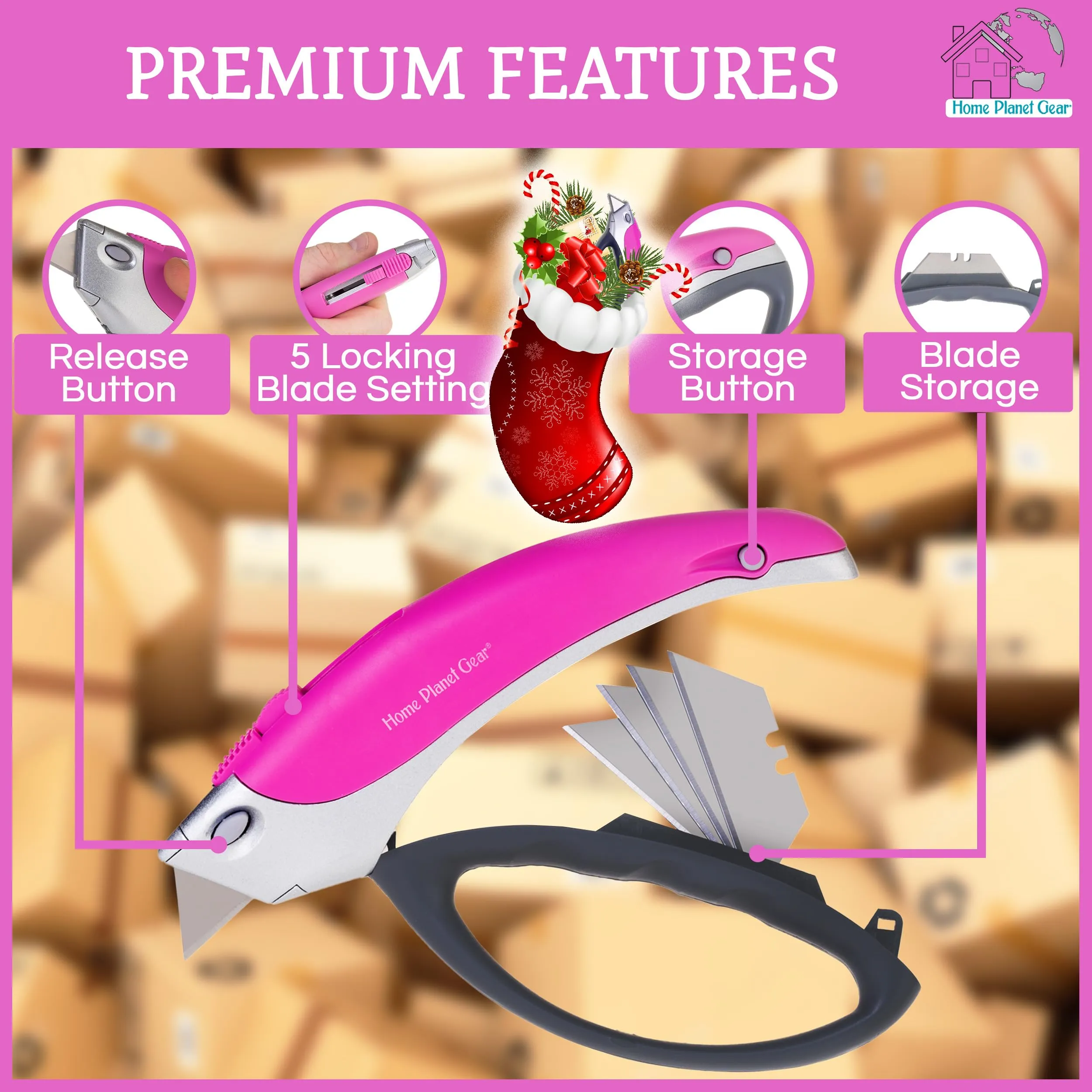 Pink Box Cutter Retractable Utility Knife - Heavy Duty Box Cutter Knife Cardboard Cutter - Box Opener Razor Blades Knife with 5 Sharp Utility Blades Pink