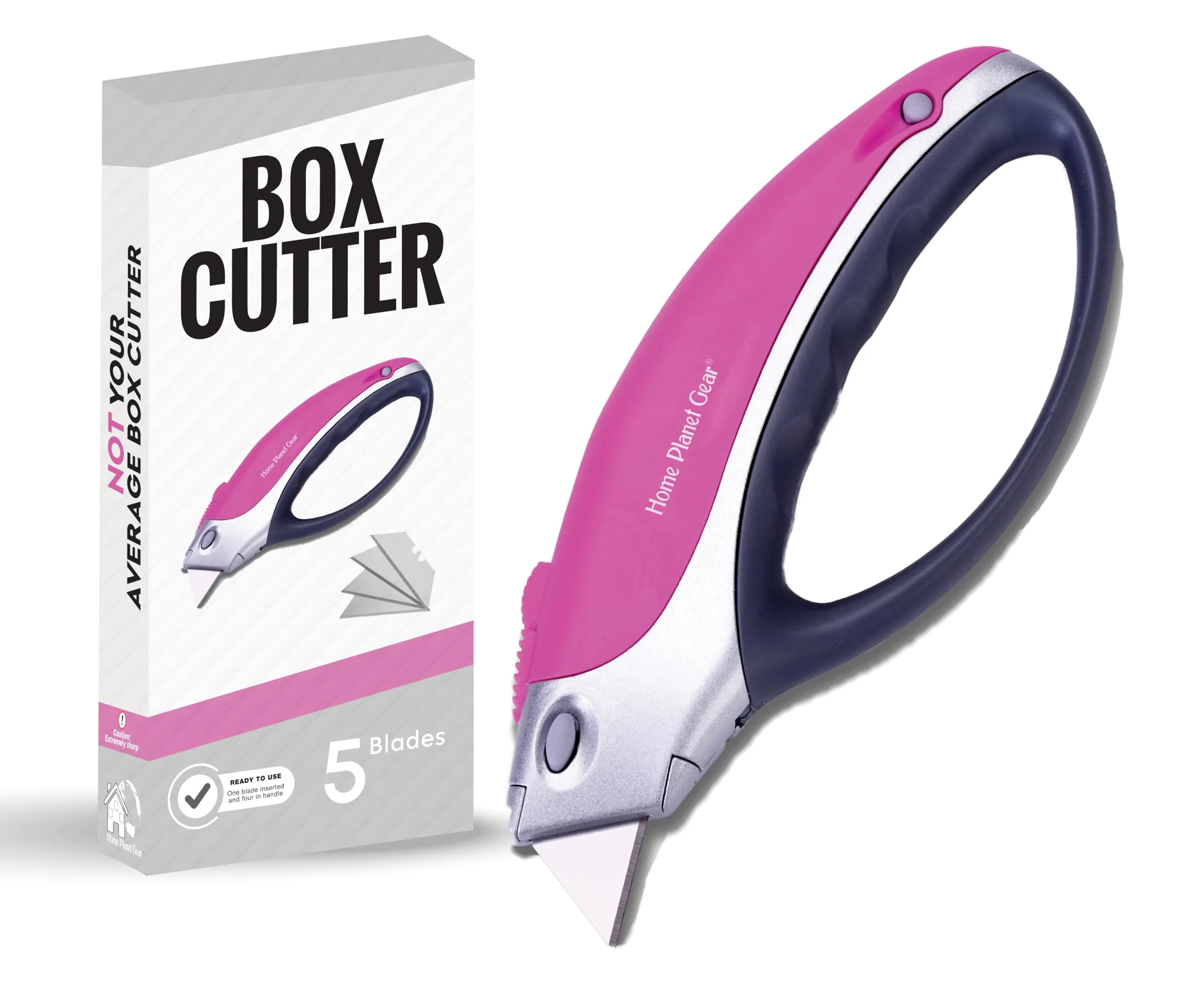 Pink Box Cutter Retractable Utility Knife - Heavy Duty Box Cutter Knife Cardboard Cutter - Box Opener Razor Blades Knife with 5 Sharp Utility Blades Pink