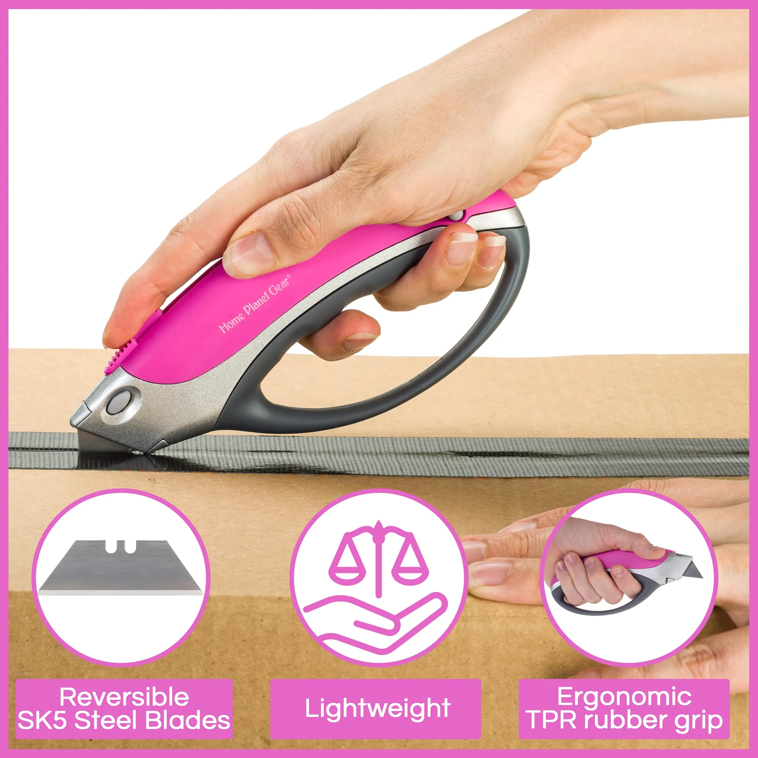 Pink Box Cutter Retractable Utility Knife - Heavy Duty Box Cutter Knife Cardboard Cutter - Box Opener Razor Blades Knife with 5 Sharp Utility Blades Pink