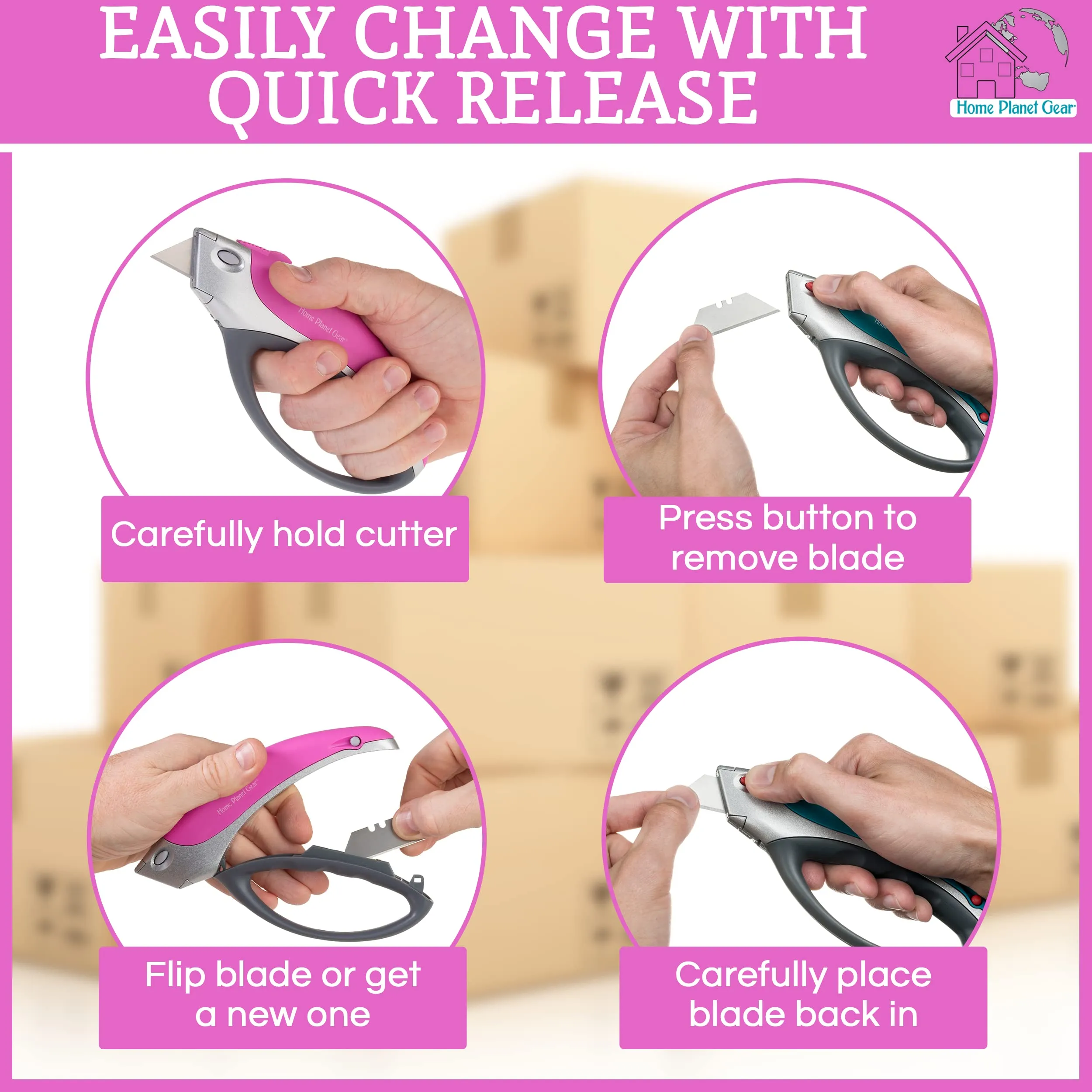 Pink Box Cutter Retractable Utility Knife - Heavy Duty Box Cutter Knife Cardboard Cutter - Box Opener Razor Blades Knife with 5 Sharp Utility Blades Pink