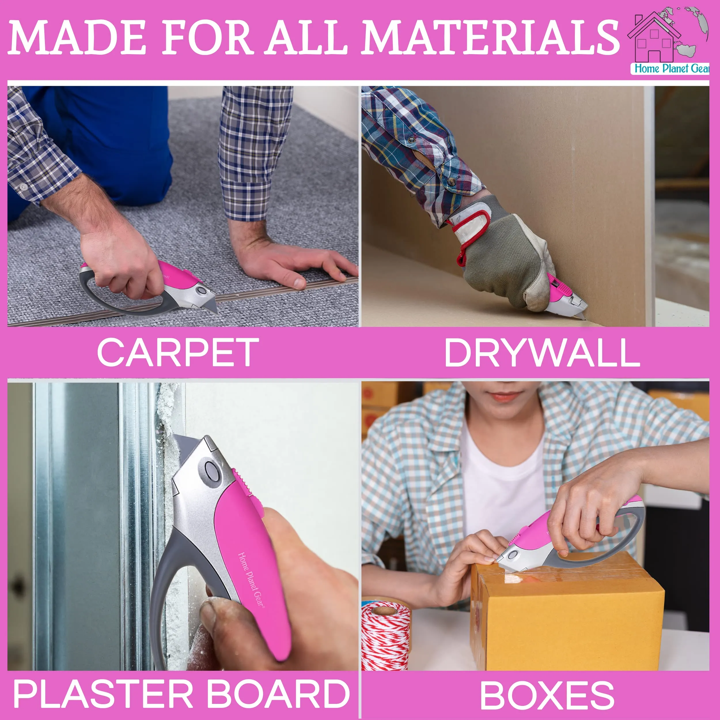 Pink Box Cutter Retractable Utility Knife - Heavy Duty Box Cutter Knife Cardboard Cutter - Box Opener Razor Blades Knife with 5 Sharp Utility Blades Pink