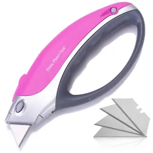 Pink Box Cutter Retractable Utility Knife - Heavy Duty Box Cutter Knife Cardboard Cutter - Box Opener Razor Blades Knife with 5 Sharp Utility Blades Pink