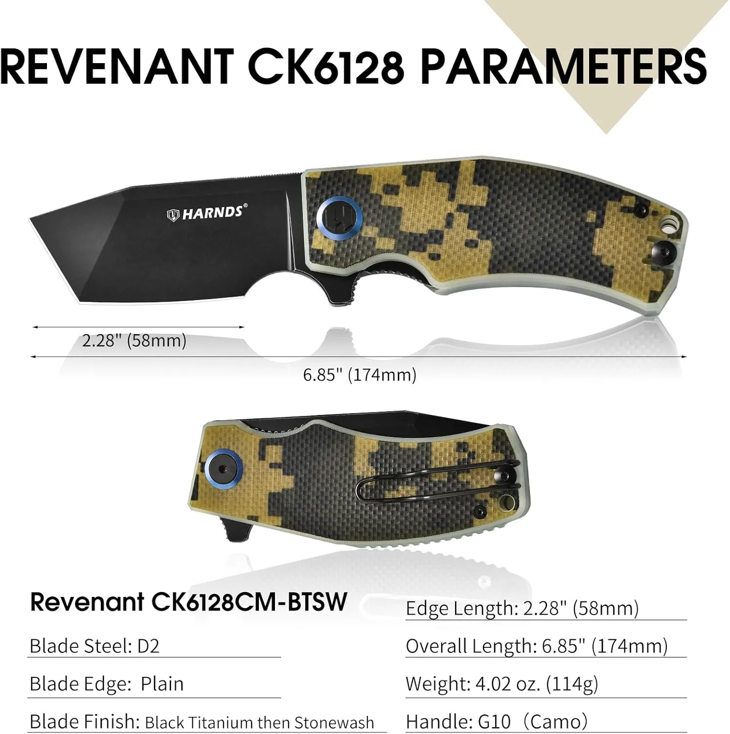 Pocket Knife D2 Steel Blade Folding Knife Tanto Blade EDC with Pocket Clip, G10 Handle, Sharp Survival Hiking Knives Revenant (Camo-Black Titanium then Stonewash)