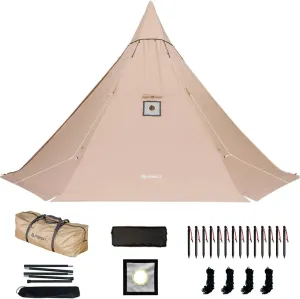 POMOLY Canvas Hot Tent Tipi Tent with Stove Jack Canvas Camping Teepee 2-4 Person Hiking, Hunting -Yarn Plus (Khaki)