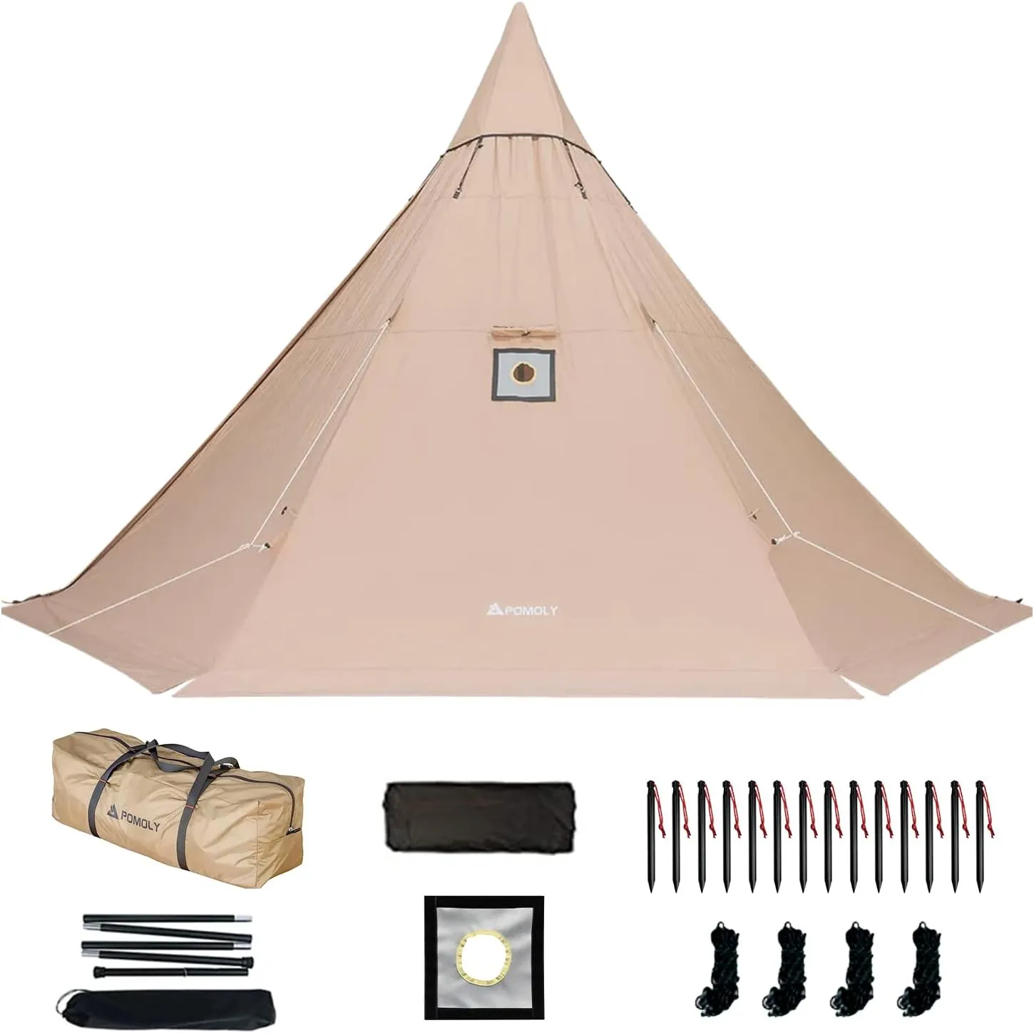 POMOLY Canvas Hot Tent Tipi Tent with Stove Jack Canvas Camping Teepee 2-4 Person Hiking, Hunting -Yarn Plus (Khaki)
