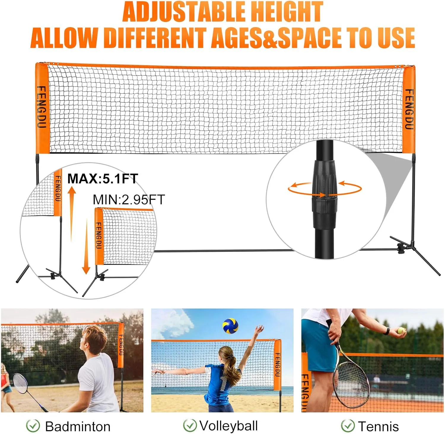 Portable Badminton Net Set, Adjustable Height Tennis Net, Kids Volleyball,Soccer Net Easy Setup Nylon Sports Net with Poles for Backyard, Indoor, Outdoor, Beach
