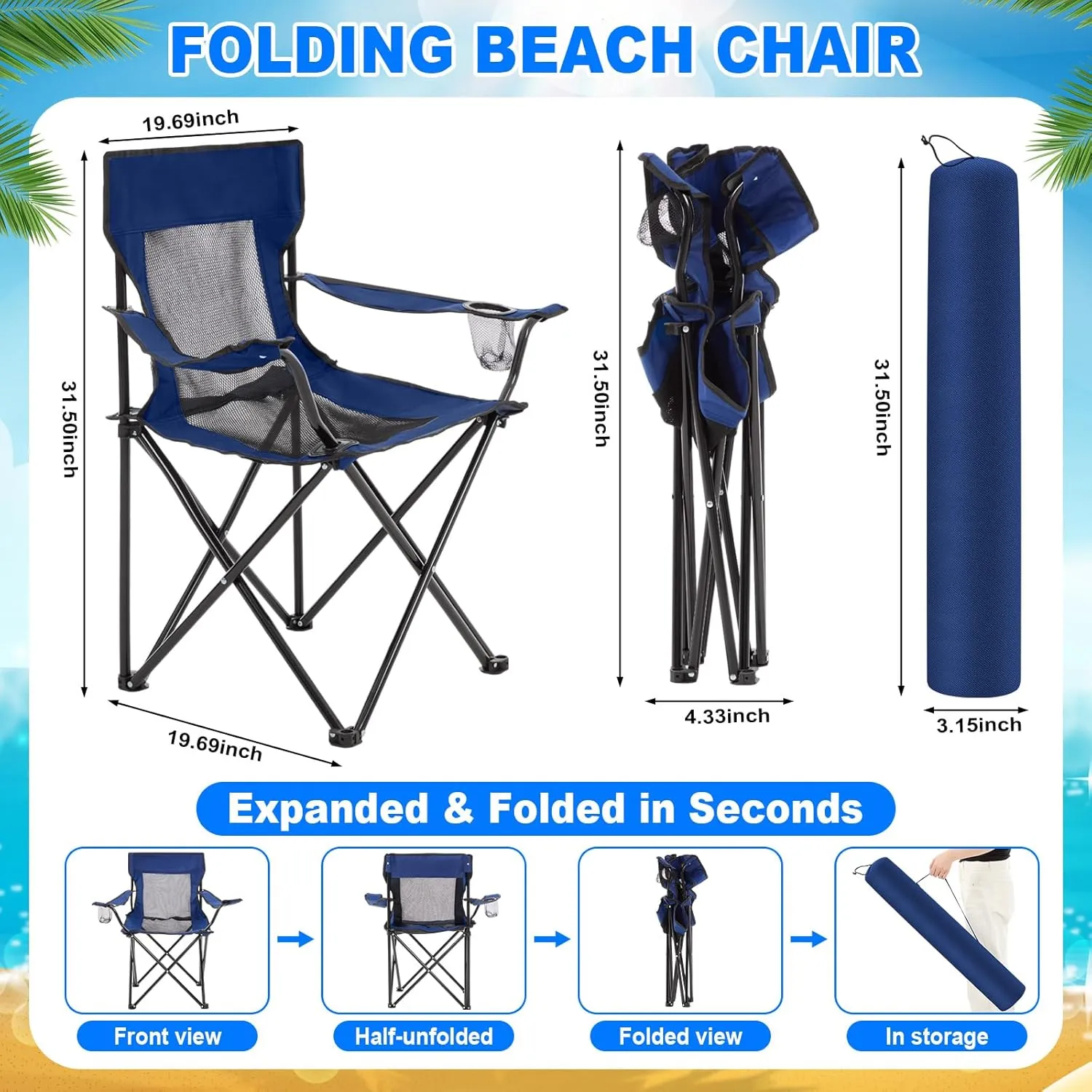 Portable Camping Chair with Cooling Mesh Back Foldable Camp Chairs with Cup Holder Fold Up Chairs Folding Large Lawn Chair for Outdoors Fishing Camping Hiking Travel Picnic Beach