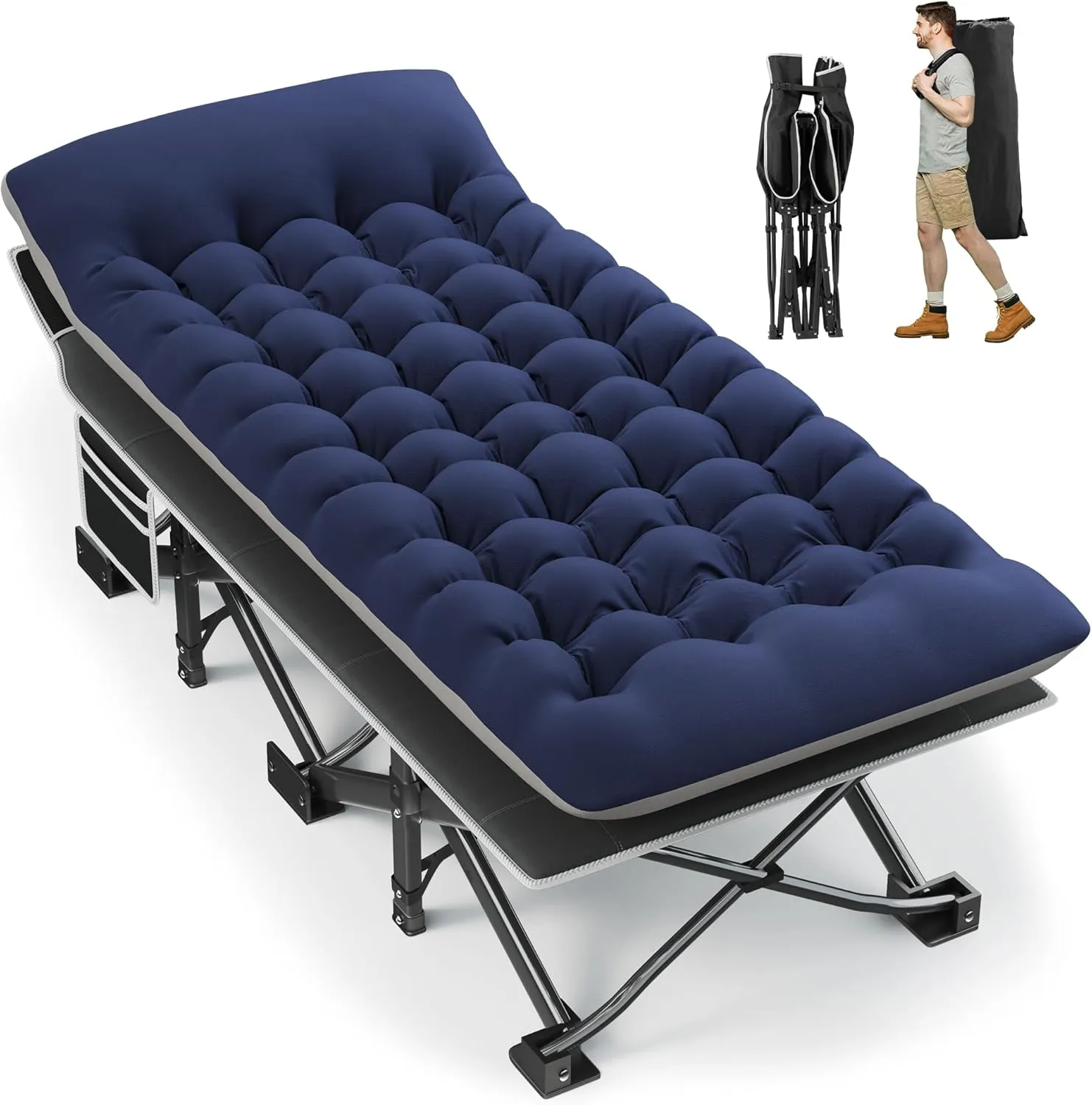 Portable Camping Cot, 32" Extra Wide Camping Cots for Adults with Thick Mattress, Heavy Duty Sleeping Cot Holds Up to 600LBS, Cots for Sleeping, Rv, Beach, Patio, Office Naps(Blue)
