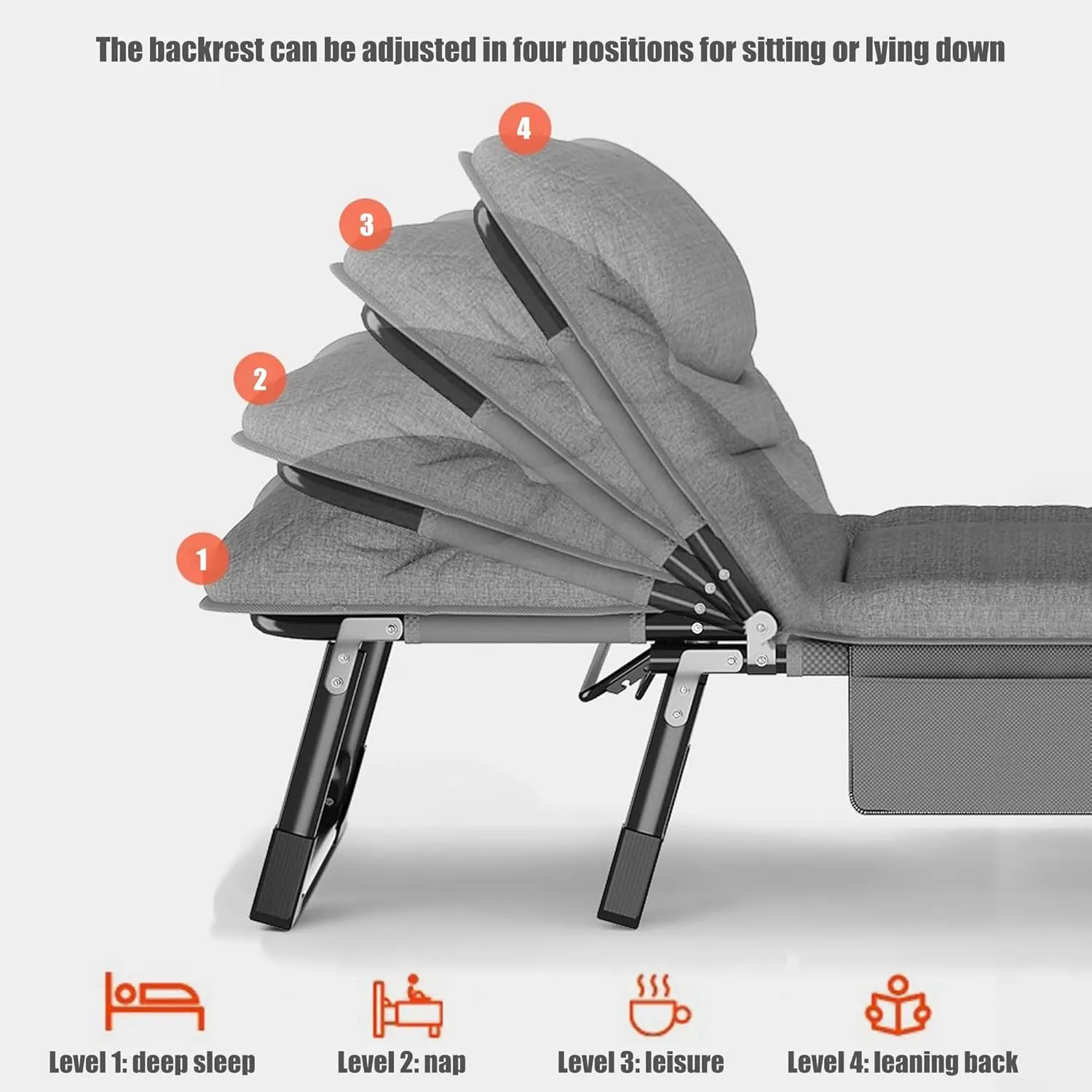 Portable Folding Camping Cot, Adjustable 4-Position Adults Reclining Folding Chaise with Pillow, Outdoor Portable Folding Lounge Chair Sleeping Cots Bed for Camp,Home,Office(190x70cm)
