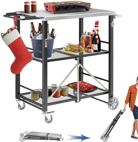 Portable Grill Table Folding Grill Cart Pizza Oven Table, Foldable Outdoor Grill Cart Portable Stainless Steel BBQ Table, Folding Kitchen Island for Ninja Woodfire Blackstone Griddle Cuisinart