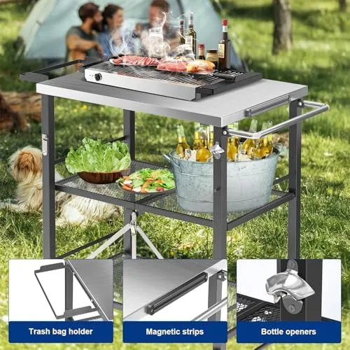 Portable Grill Table Folding Grill Cart Pizza Oven Table, Foldable Outdoor Grill Cart Portable Stainless Steel BBQ Table, Folding Kitchen Island for Ninja Woodfire Blackstone Griddle Cuisinart