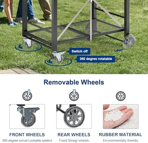 Portable Grill Table Folding Grill Cart Pizza Oven Table, Foldable Outdoor Grill Cart Portable Stainless Steel BBQ Table, Folding Kitchen Island for Ninja Woodfire Blackstone Griddle Cuisinart