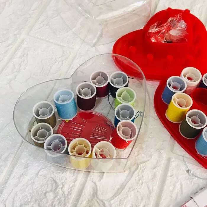 Portable Heart Shape Sewing Kit, Basic Emergency Sewing Kit Box, Sewing Supplies Organizer For Travel, Sewing Box With Color Thread