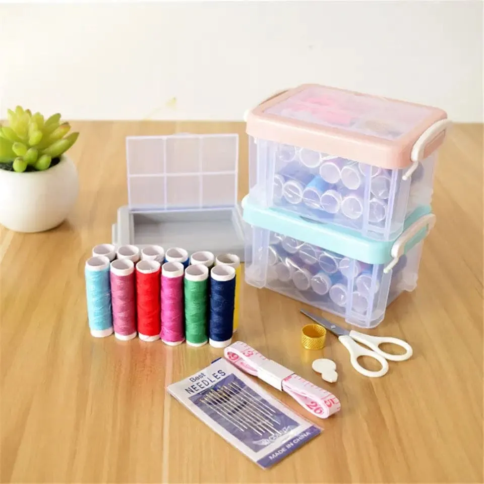 Portable Household Sewing Kit Box, Fabric Craft Needles Thread Scissor Set, Plastic Transparent Sewing Thread Storage, Multifunction PP Box Sewing Kit, Home & Travelling Sewing Accessories