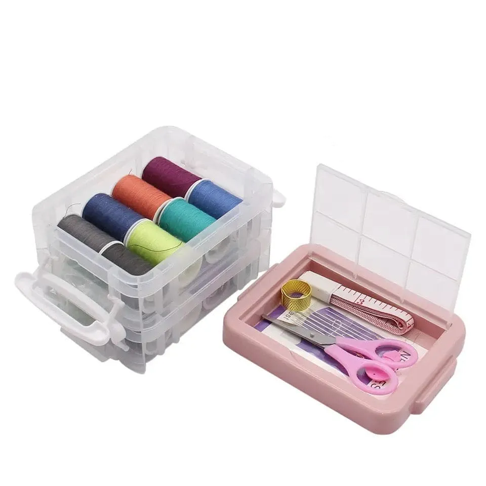 Portable Household Sewing Kit Box, Fabric Craft Needles Thread Scissor Set, Plastic Transparent Sewing Thread Storage, Multifunction PP Box Sewing Kit, Home & Travelling Sewing Accessories