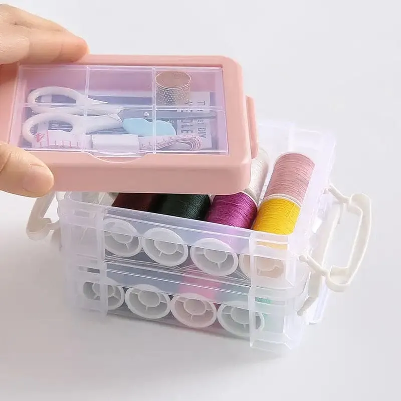 Portable Household Sewing Kit Box, Fabric Craft Needles Thread Scissor Set, Plastic Transparent Sewing Thread Storage, Multifunction PP Box Sewing Kit, Home & Travelling Sewing Accessories