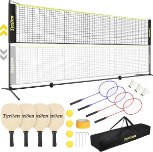Portable Pickleball Badminton Net Set, 17FT Adjustable Heights All-in-One Net w/4 Pickleball Paddles 4 Badminton Rackets, Freestanding Pickleball Badminton Net for Backyard Driveway