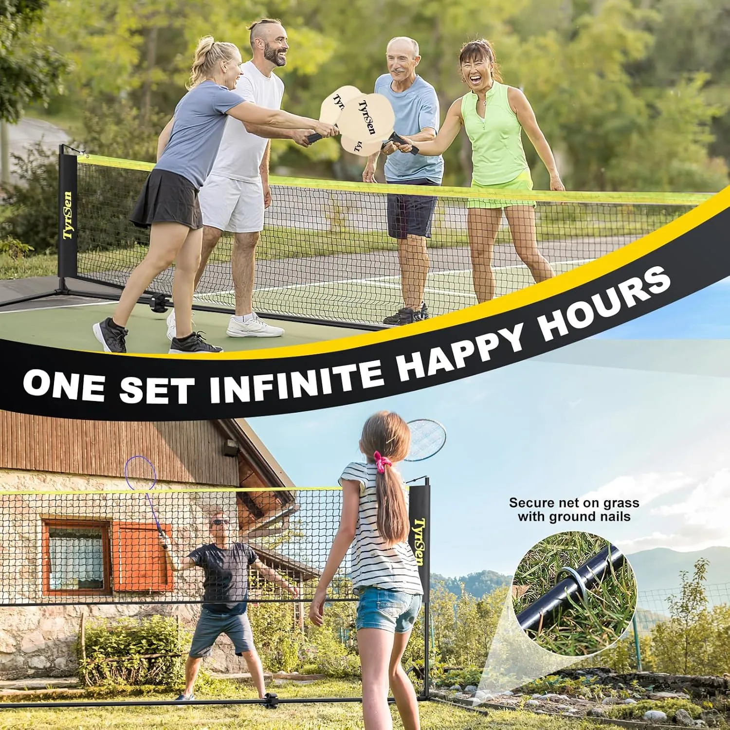 Portable Pickleball Badminton Net Set, 17FT Adjustable Heights All-in-One Net w/4 Pickleball Paddles 4 Badminton Rackets, Freestanding Pickleball Badminton Net for Backyard Driveway