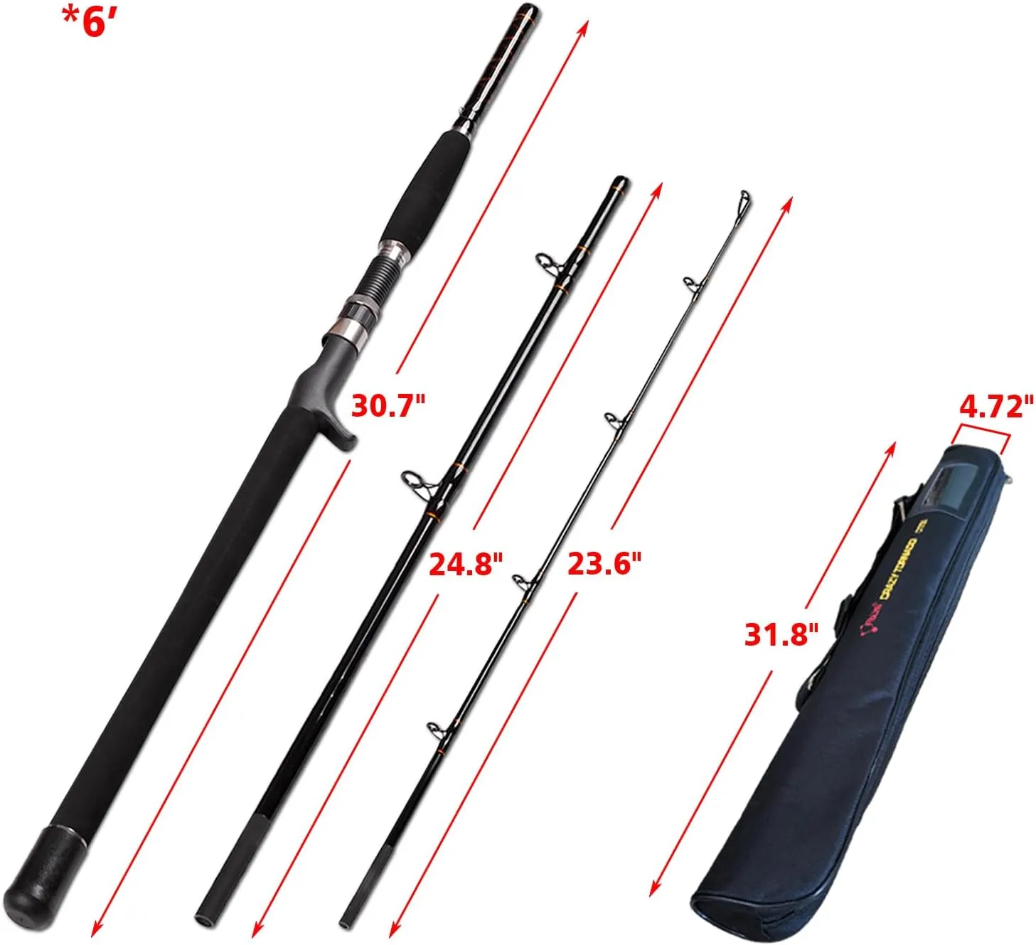 Portable Saltwater Offshore Heavy 3-Piece Travel Graphite Baitcasting Fishing Poles Casting Boat Jigging Trolling Conventional Rods with Rod Case Bag (6'/7'/8')