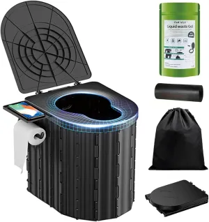 Portable Toilet with Bio-Gel Waste Solidifier & Odorless Disposal Bags, Camping Toilet Ergonomic Design for Outdoor Sanitation (Kids to Adults)