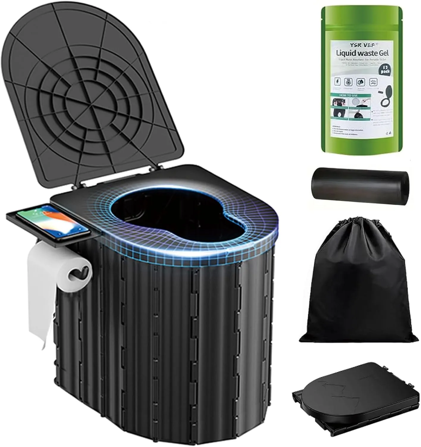 Portable Toilet with Bio-Gel Waste Solidifier & Odorless Disposal Bags, Camping Toilet Ergonomic Design for Outdoor Sanitation (Kids to Adults)