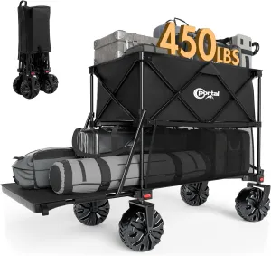 PORTAL 400L Collapsible Double Decker Wagon, Folding Wagon Cart with Tailgate, Beach Wagon with Big Wheels, 450LB Heavy Duty Foldable Wagon, Large Capacity Wagon for Camping, Sports, Garden, Baseball