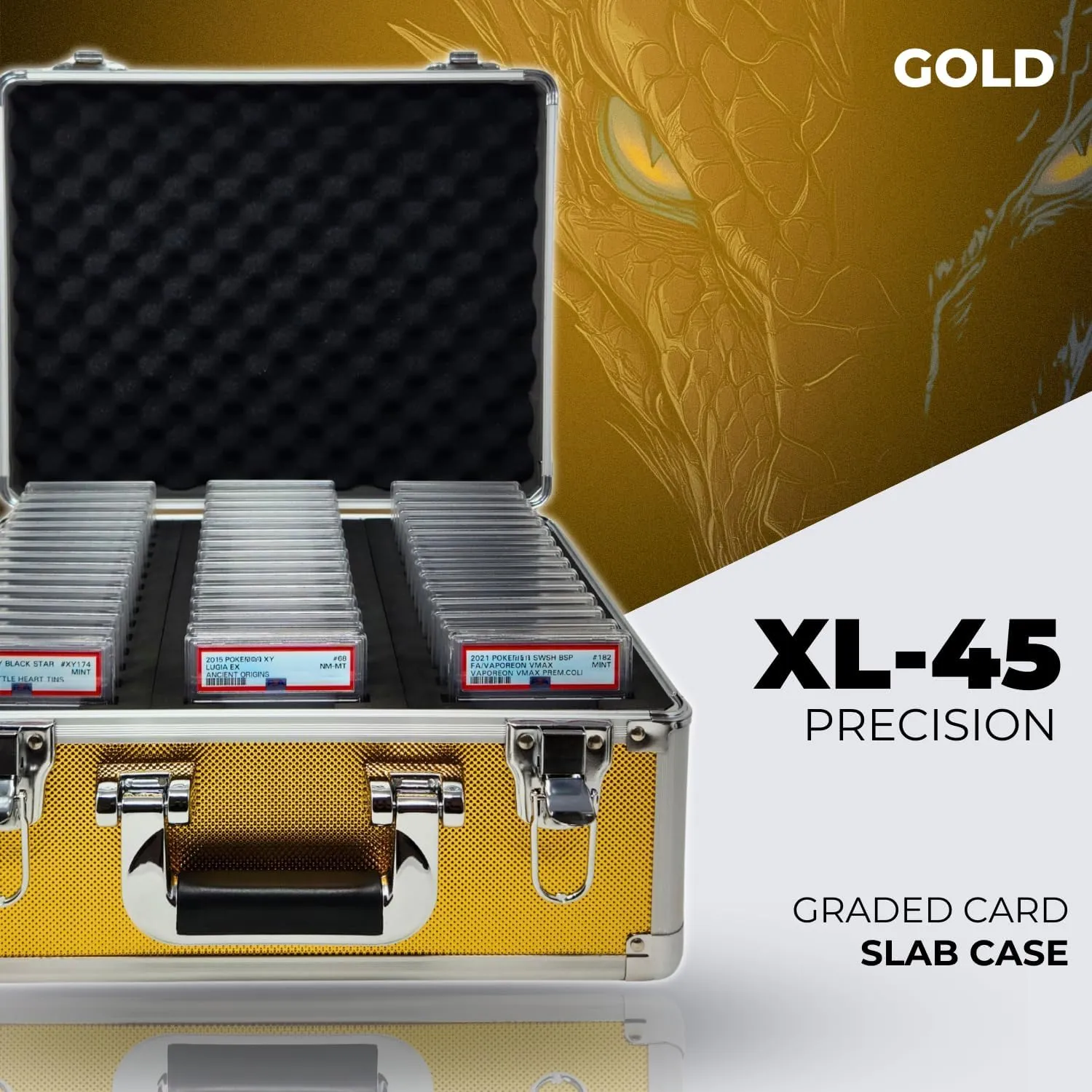 Precision Metal Slab Case – Holds 45 Graded Sports and Trading Cards – Durable Aluminum Storage Box for PSA, BGS, CGC Slabs – XL-45 Gold