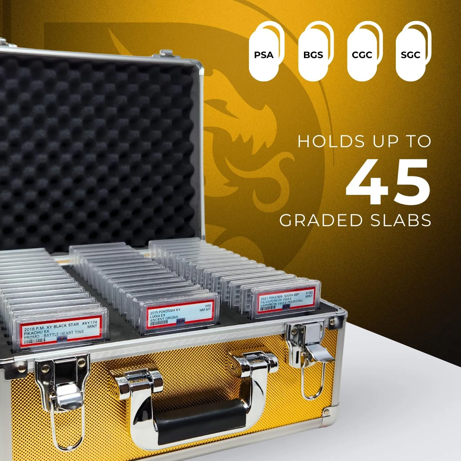 Precision Metal Slab Case – Holds 45 Graded Sports and Trading Cards – Durable Aluminum Storage Box for PSA, BGS, CGC Slabs – XL-45 Gold