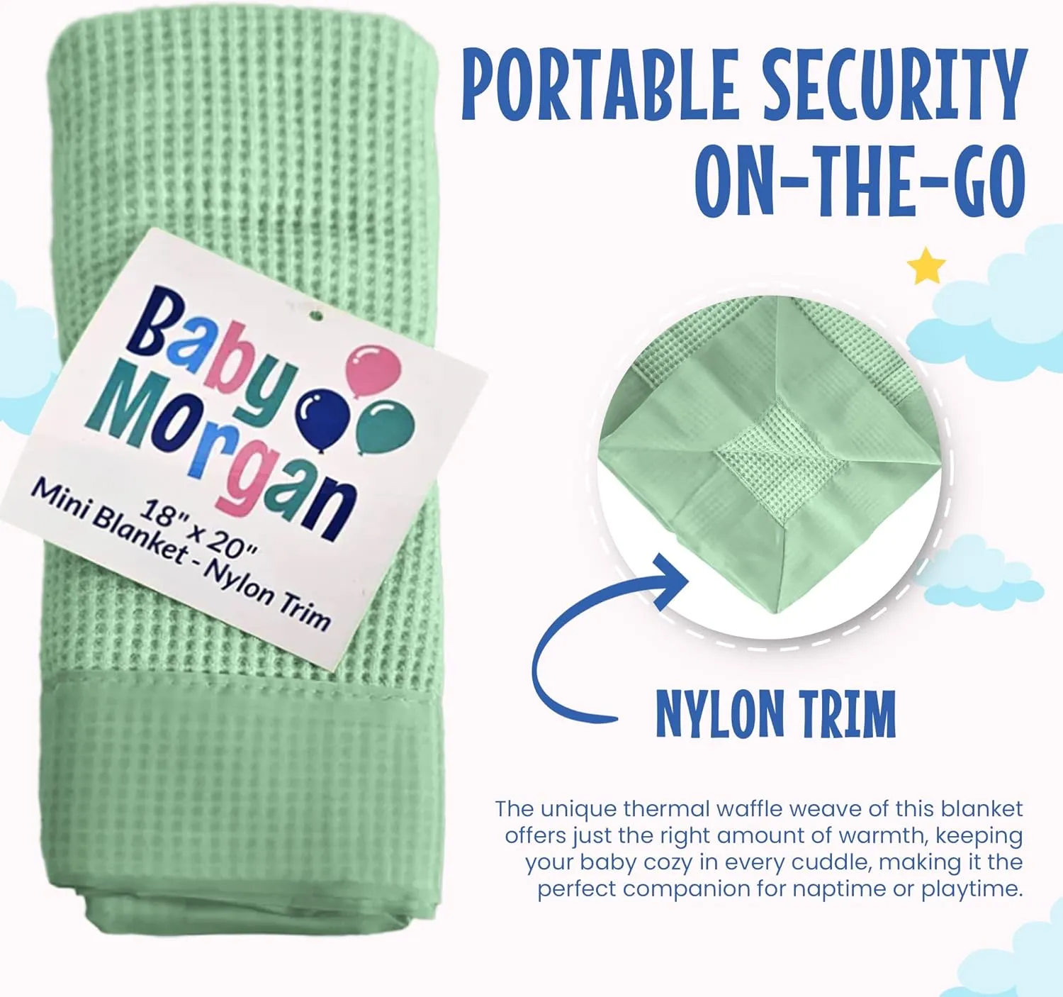 Premium Thermal Waffle Baby Blanket - Small Blanket for Newborns & Infants - Soft Mini Comfort Blankie - Ideal for Strollers, Travel and Cuddling - Mint, Nylon Trim (18" x 20")